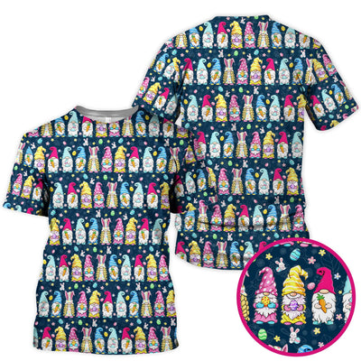 Colorful Easter Gnome Bunny Eggs Print Scrub Top, Comfortable Scrubs for Nurses