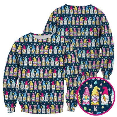 Colorful Easter Gnome Bunny Eggs Print Scrub Top, Comfortable Scrubs for Nurses