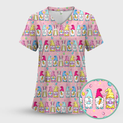 Colorful Easter Gnome Bunny Eggs Print Scrub Top, Comfortable Scrubs for Nurses
