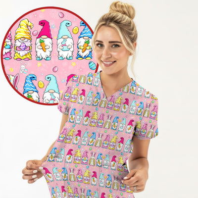 Colorful Easter Gnome Bunny Eggs Print Scrub Top, Comfortable Scrubs for Nurses