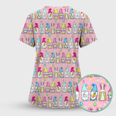 Colorful Easter Gnome Bunny Eggs Print Scrub Top, Comfortable Scrubs for Nurses