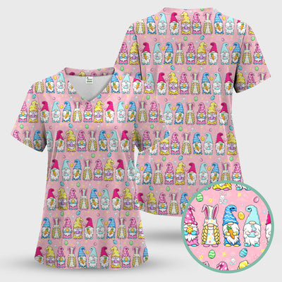 Colorful Easter Gnome Bunny Eggs Print Scrub Top, Comfortable Scrubs for Nurses