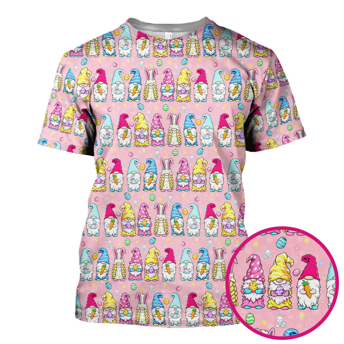 Colorful Easter Gnome Bunny Eggs Print Scrub Top, Comfortable Scrubs for Nurses