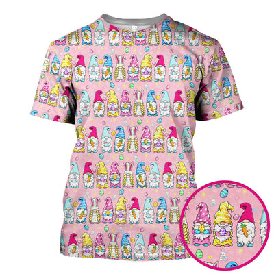 Colorful Easter Gnome Bunny Eggs Print Scrub Top, Comfortable Scrubs for Nurses