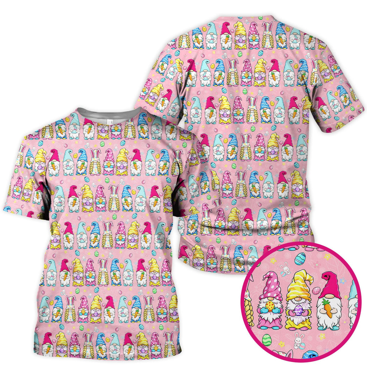 Colorful Easter Gnome Bunny Eggs Print Scrub Top, Comfortable Scrubs for Nurses