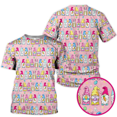 Colorful Easter Gnome Bunny Eggs Print Scrub Top, Comfortable Scrubs for Nurses