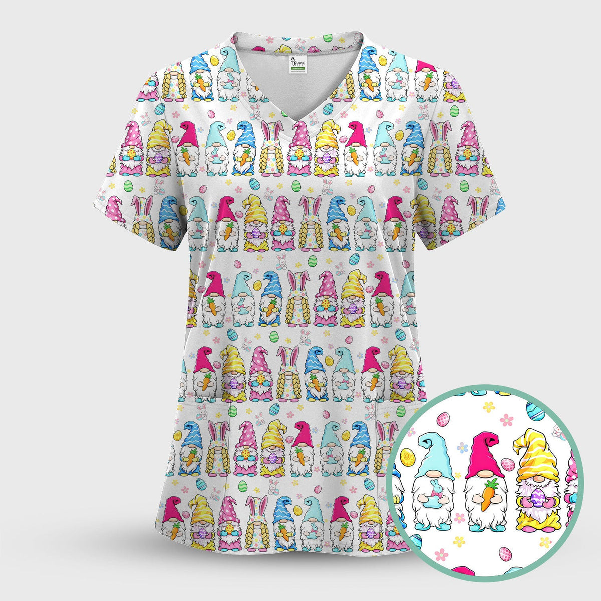Colorful Easter Gnome Bunny Eggs Print Scrub Top, Comfortable Scrubs for Nurses