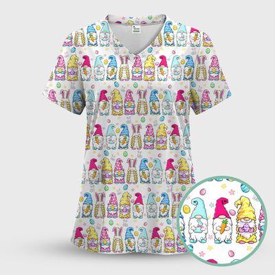 Colorful Easter Gnome Bunny Eggs Print Scrub Top, Comfortable Scrubs for Nurses