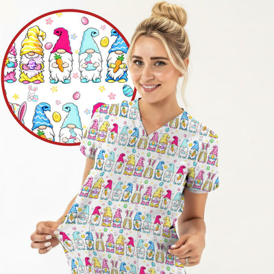 Colorful Easter Gnome Bunny Eggs Print Scrub Top, Comfortable Scrubs for Nurses