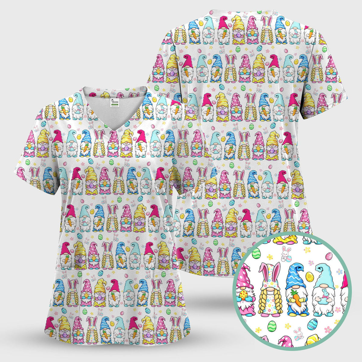 Colorful Easter Gnome Bunny Eggs Print Scrub Top, Comfortable Scrubs for Nurses