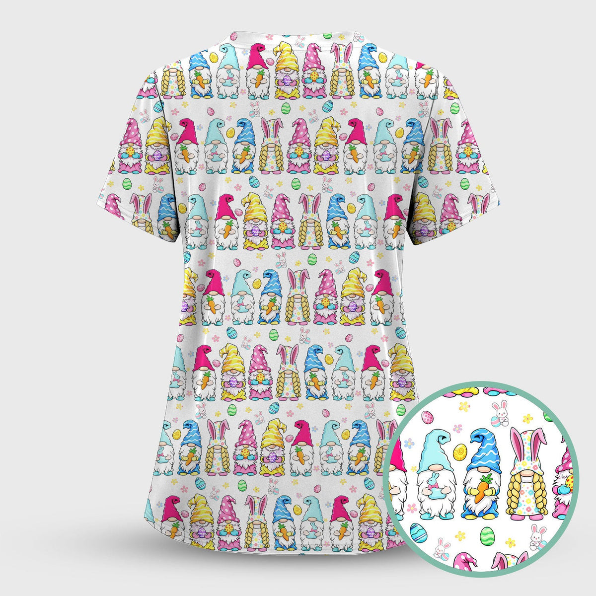 Colorful Easter Gnome Bunny Eggs Print Scrub Top, Comfortable Scrubs for Nurses