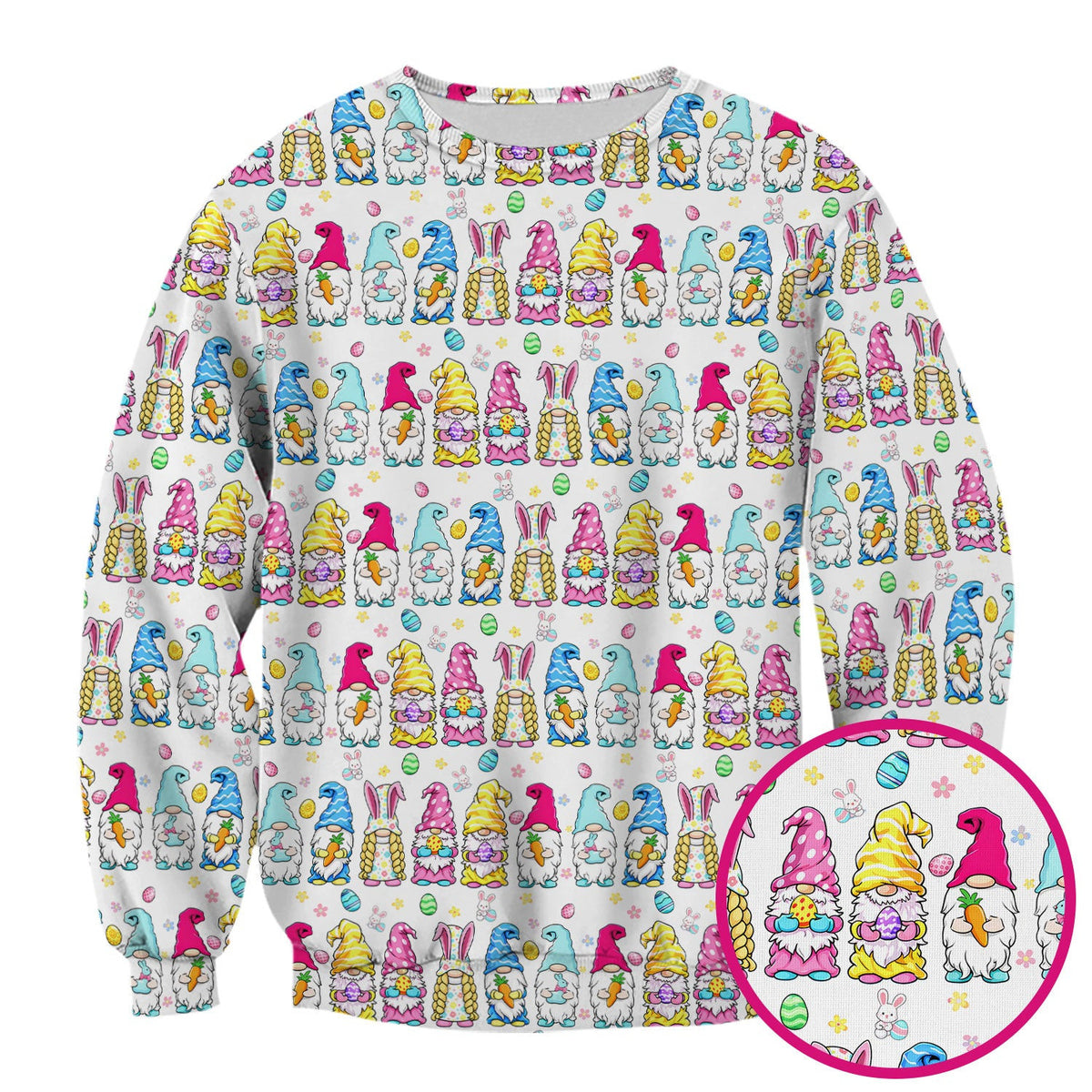 Colorful Easter Gnome Bunny Eggs Print Scrub Top, Comfortable Scrubs for Nurses