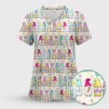Colorful Easter Gnome Bunny Eggs Print Scrub Top, Comfortable Scrubs for Nurses