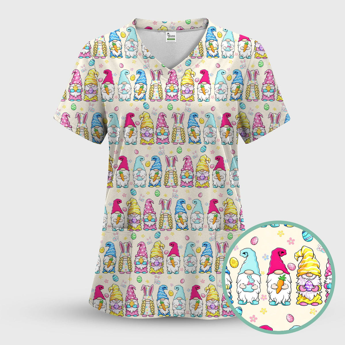 Colorful Easter Gnome Bunny Eggs Print Scrub Top, Comfortable Scrubs for Nurses