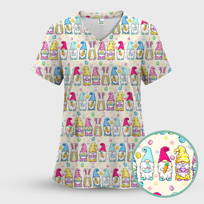 Colorful Easter Gnome Bunny Eggs Print Scrub Top, Comfortable Scrubs for Nurses