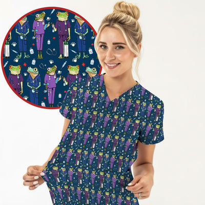 Funny Frog Nurse Pattern Scrub Top, Breathable Healthcare Uniform Top