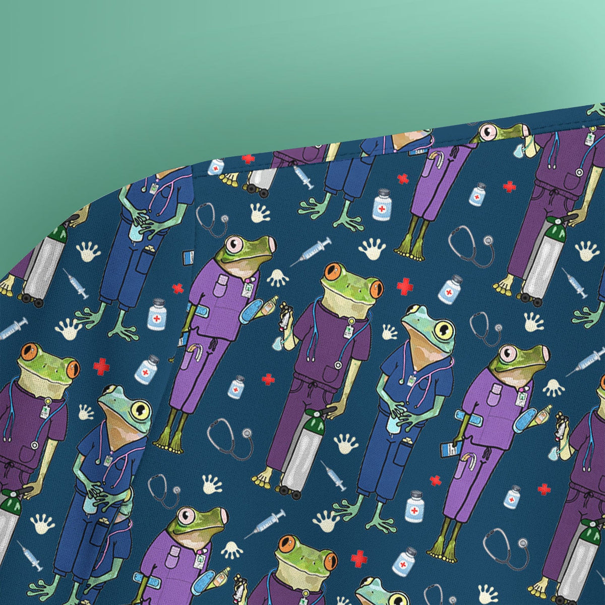 Funny Frog Nurse Pattern Scrub Top, Breathable Healthcare Uniform Top