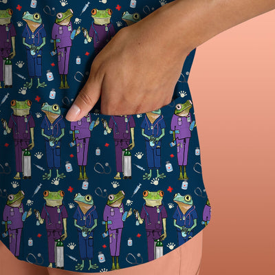 Funny Frog Nurse Pattern Scrub Top, Breathable Healthcare Uniform Top