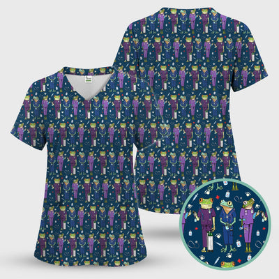 Funny Frog Nurse Pattern Scrub Top, Breathable Healthcare Uniform Top