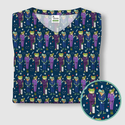 Funny Frog Nurse Pattern Scrub Top, Breathable Healthcare Uniform Top