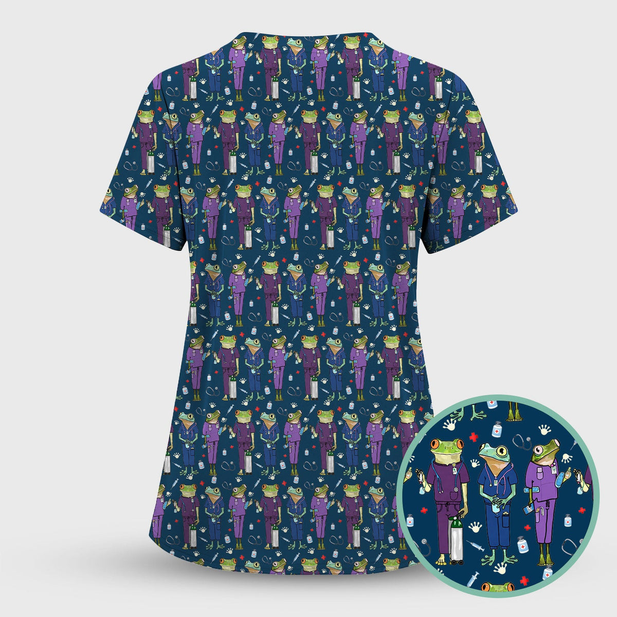 Funny Frog Nurse Pattern Scrub Top, Breathable Healthcare Uniform Top