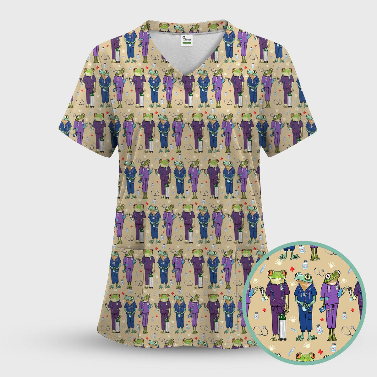 Funny Frog Nurse Pattern Scrub Top, Breathable Healthcare Uniform Top
