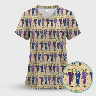 Funny Frog Nurse Pattern Scrub Top, Breathable Healthcare Uniform Top