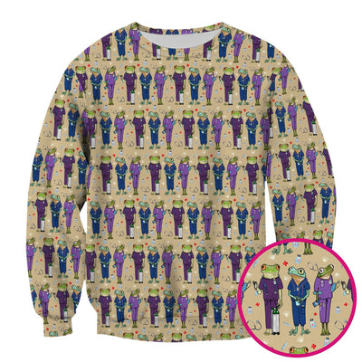 Funny Frog Nurse Pattern Scrub Top, Breathable Healthcare Uniform Top