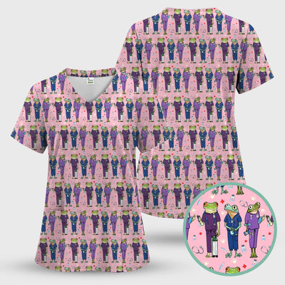 Funny Frog Nurse Pattern Scrub Top, Breathable Healthcare Uniform Top