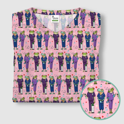 Funny Frog Nurse Pattern Scrub Top, Breathable Healthcare Uniform Top
