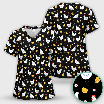 Chicken And Cute Chicks Pattern Scrubs Top, Comfortable Scrubs for Nurses