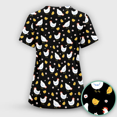 Chicken And Cute Chicks Pattern Scrubs Top, Comfortable Scrubs for Nurses