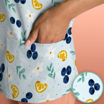 Blueberry Lemon Daisy Pattern Scrubs Top, Comfortable Scrubs for Nurses
