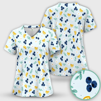 Blueberry Lemon Daisy Pattern Scrubs Top, Comfortable Scrubs for Nurses
