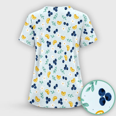 Blueberry Lemon Daisy Pattern Scrubs Top, Comfortable Scrubs for Nurses
