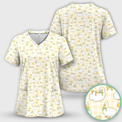 Adorable Ducks Lemon Daisy Pattern Scrubs Top, Comfortable Scrubs for Nurses