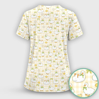 Adorable Ducks Lemon Daisy Pattern Scrubs Top, Comfortable Scrubs for Nurses