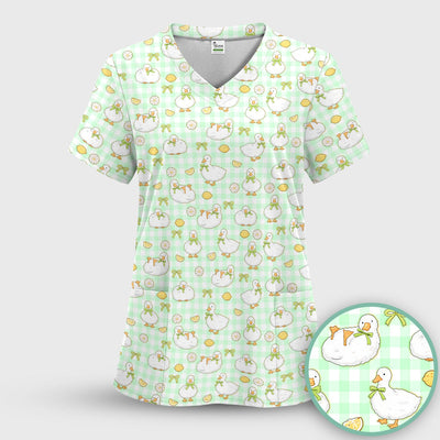 Adorable Ducks Lemon Daisy Pattern Scrubs Top, Comfortable Scrubs for Nurses