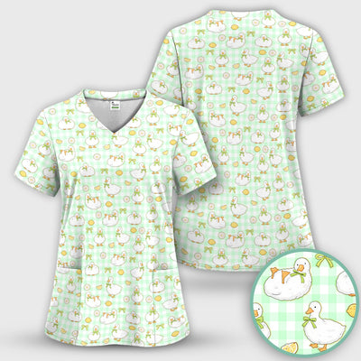 Adorable Ducks Lemon Daisy Pattern Scrubs Top, Comfortable Scrubs for Nurses