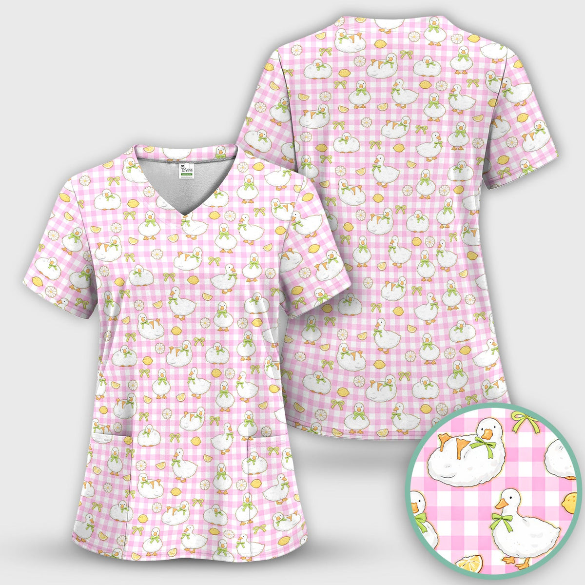 Adorable Ducks Lemon Daisy Pattern Scrubs Top, Comfortable Scrubs for Nurses
