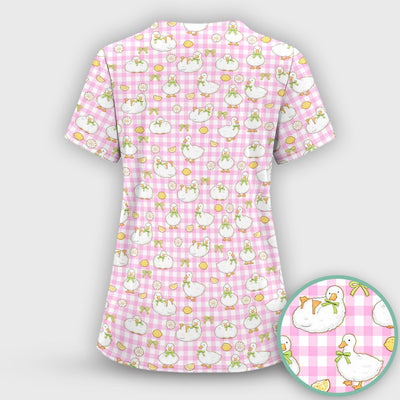 Adorable Ducks Lemon Daisy Pattern Scrubs Top, Comfortable Scrubs for Nurses