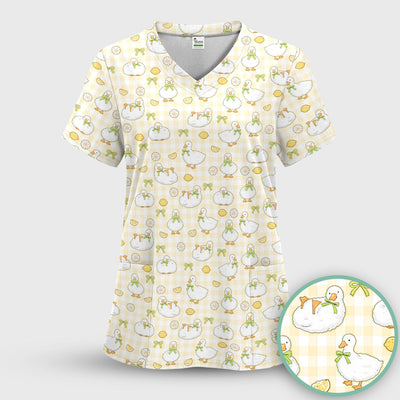 Adorable Ducks Lemon Daisy Pattern Scrubs Top, Comfortable Scrubs for Nurses
