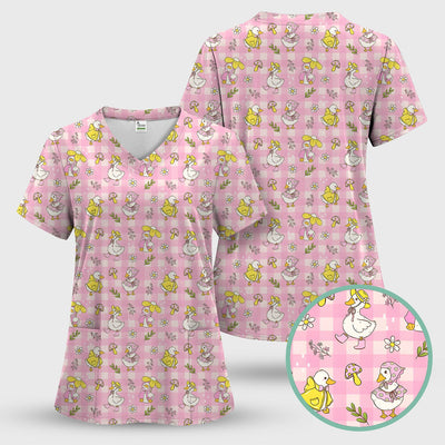 Spring Duckling Gingham Pattern Scrub Top, Comfortable Scrubs for Nurses