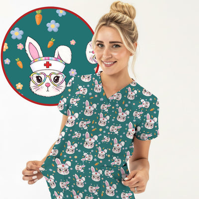 Cute Easter Bunny Nurse Pattern Scrub Top, Breathable Fabrics Nursing Uniform