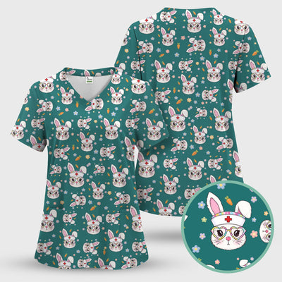 Cute Easter Bunny Nurse Pattern Scrub Top, Breathable Fabrics Nursing Uniform