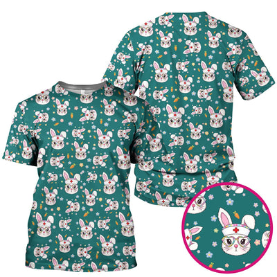 Cute Easter Bunny Nurse Pattern Scrub Top, Breathable Fabrics Nursing Uniform