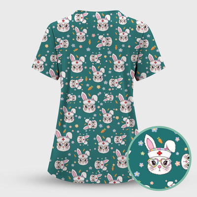 Cute Easter Bunny Nurse Pattern Scrub Top, Breathable Fabrics Nursing Uniform