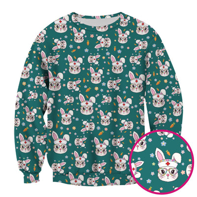 Cute Easter Bunny Nurse Pattern Scrub Top, Breathable Fabrics Nursing Uniform