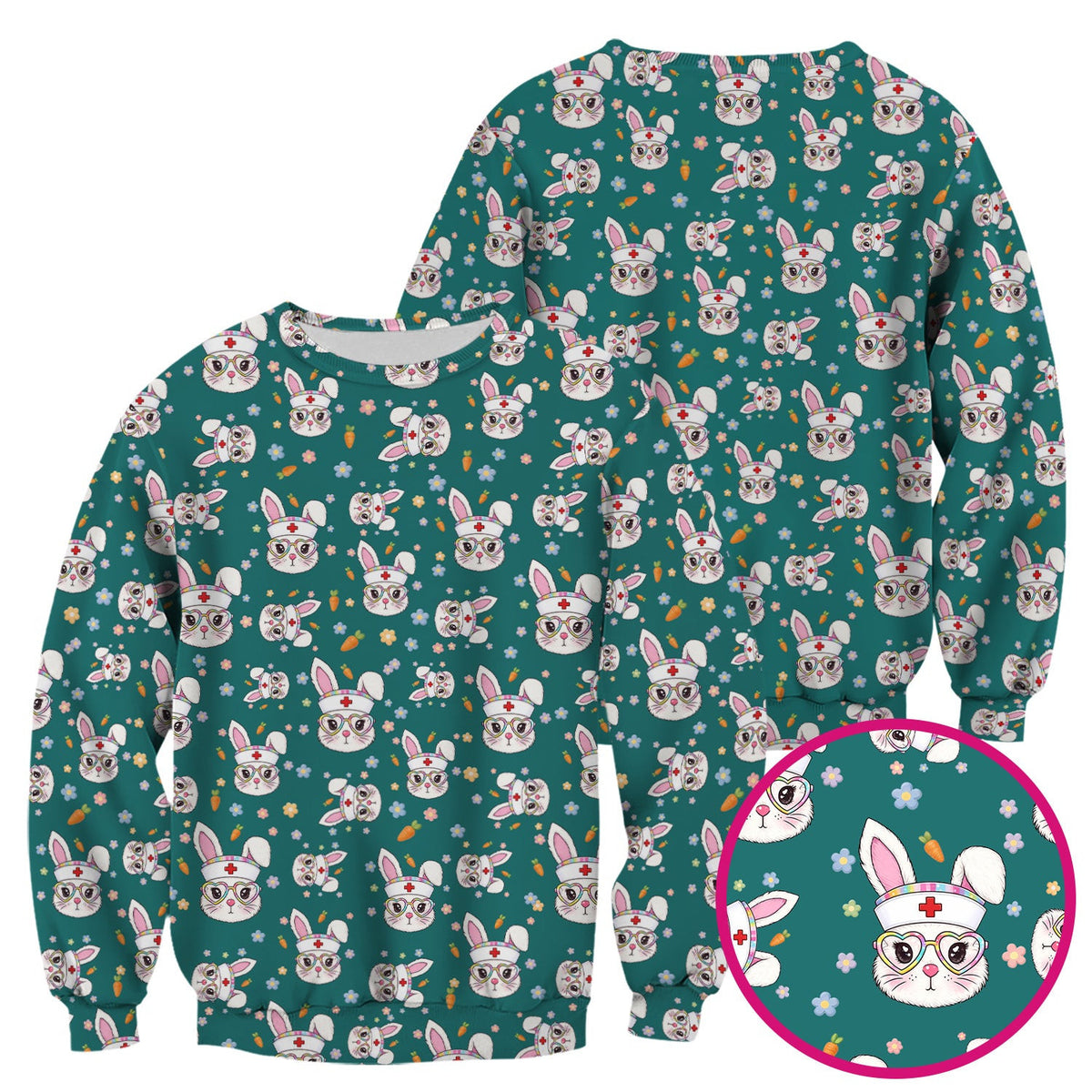 Cute Easter Bunny Nurse Pattern Scrub Top, Breathable Fabrics Nursing Uniform