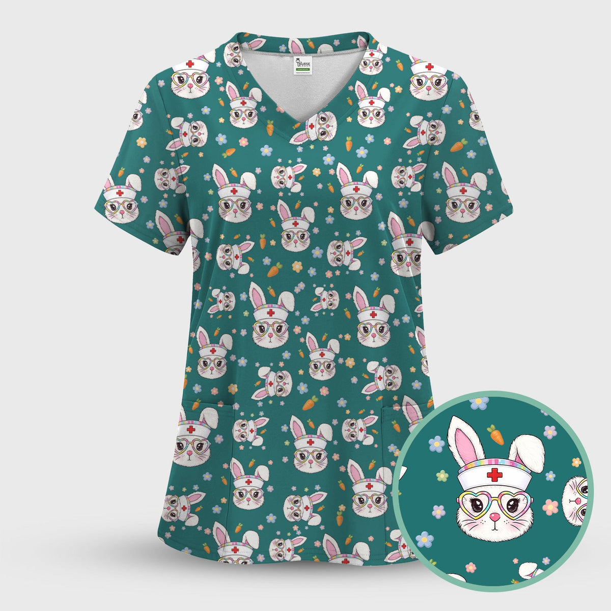 Cute Easter Bunny Nurse Pattern Scrub Top, Breathable Fabrics Nursing Uniform